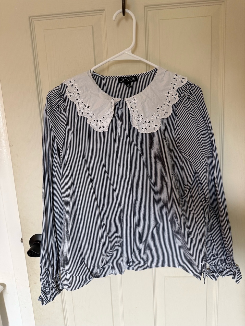 J. Crew Navy and White Pinstripe Eyelet Collar Blouse
